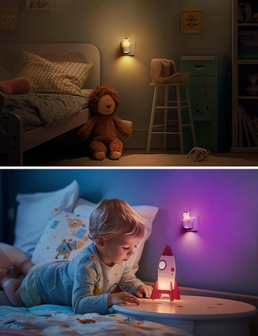 Child playing with a night light in a dimly lit bedroom