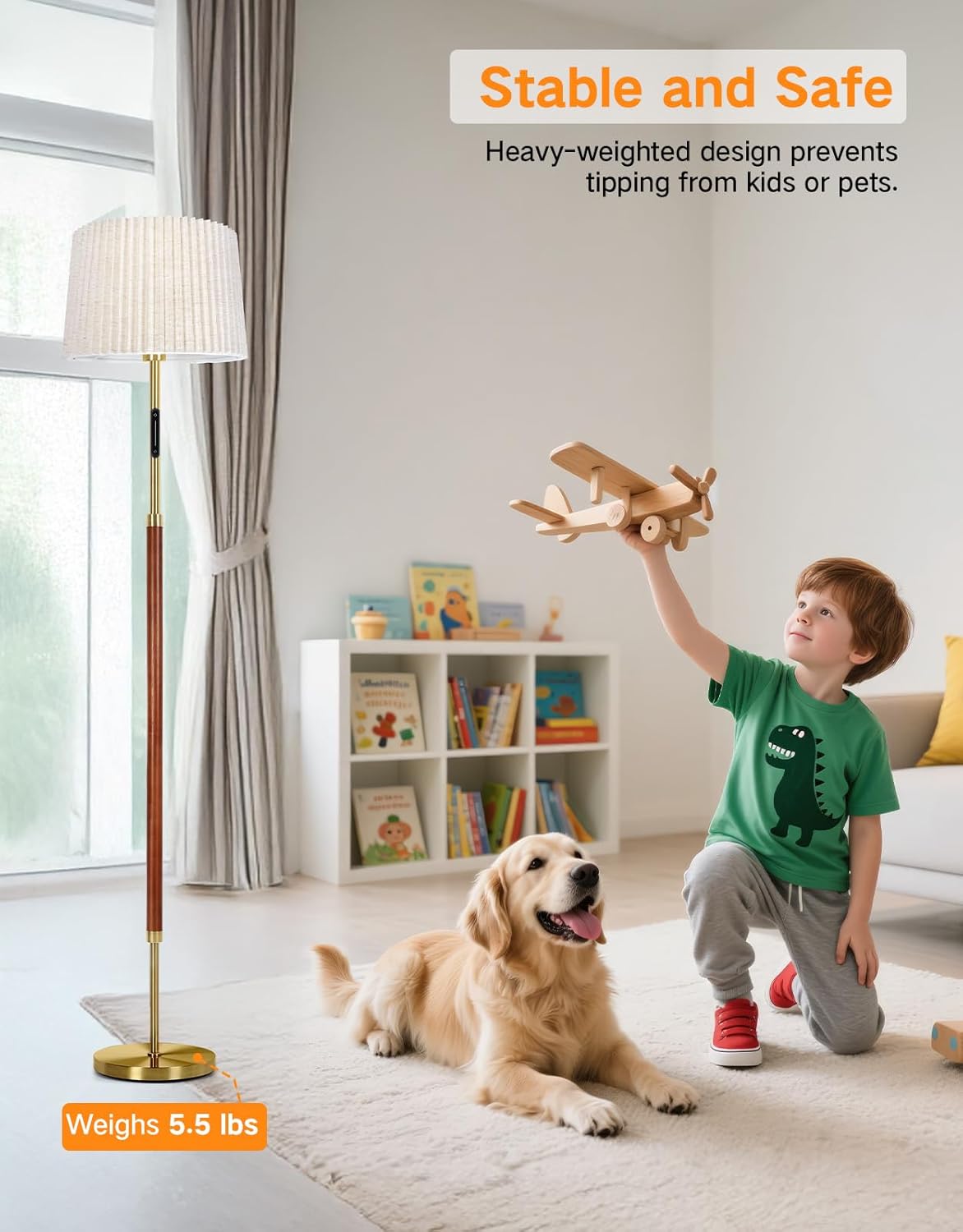 Child playing with a wooden airplane in a room with a dog and books on a shelf.