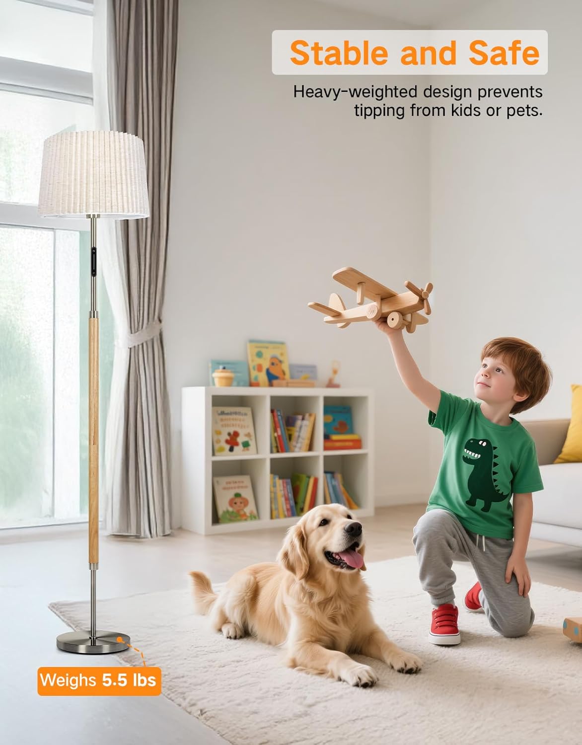 Child playing with a wooden airplane in a room with a dog, books on a shelf, and a lamp.
