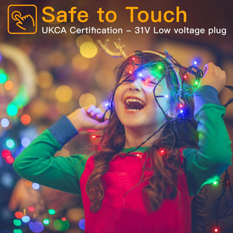 Child playing with colorful lights against a blurred festive background, with 'Safe to Touch' certification text overlay.