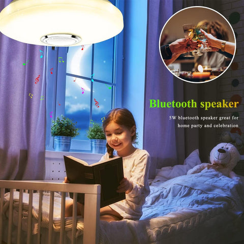 Child reading a book in a bedroom with a Bluetooth speaker advertisement.