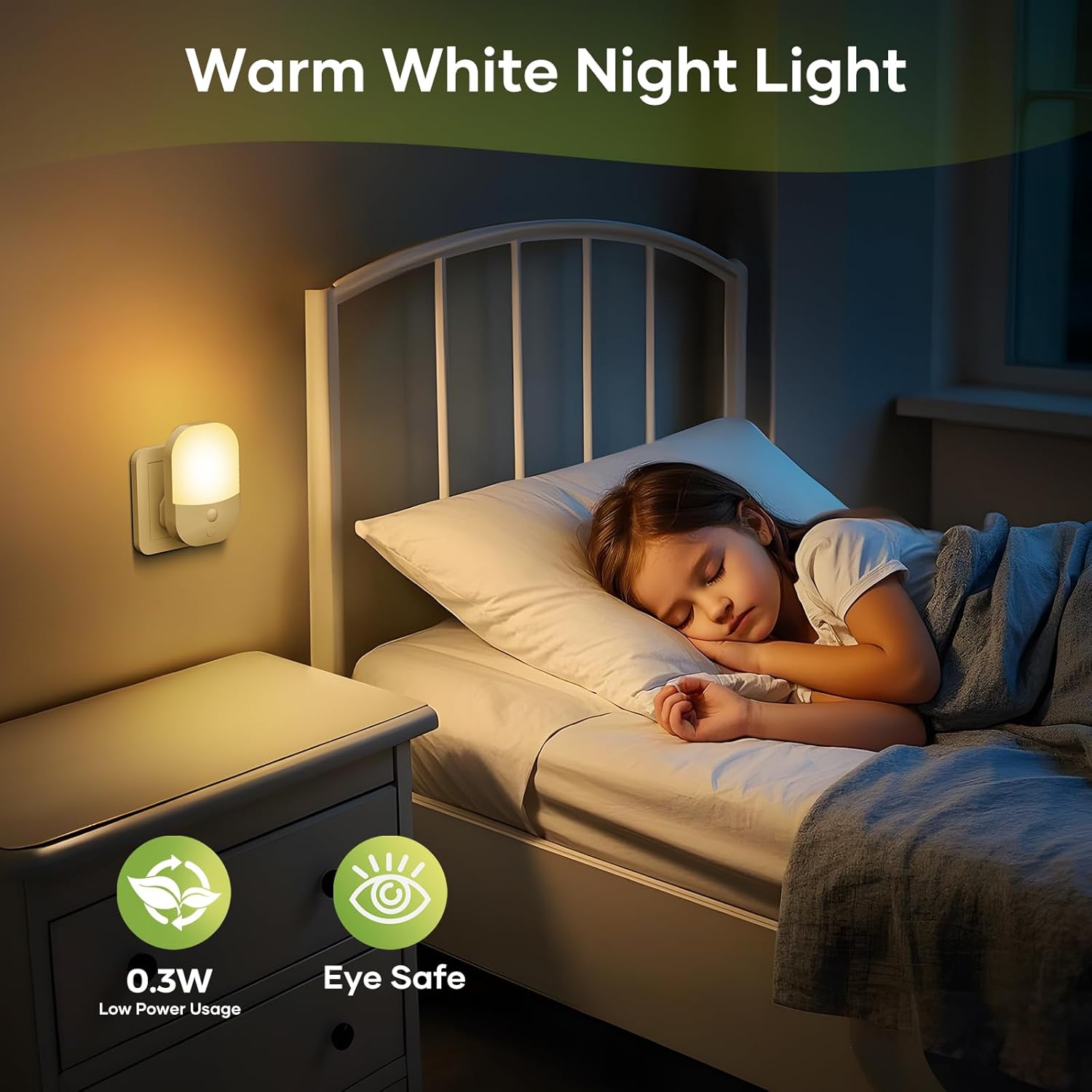 Child sleeping in a bedroom with a warm white night light on the wall.