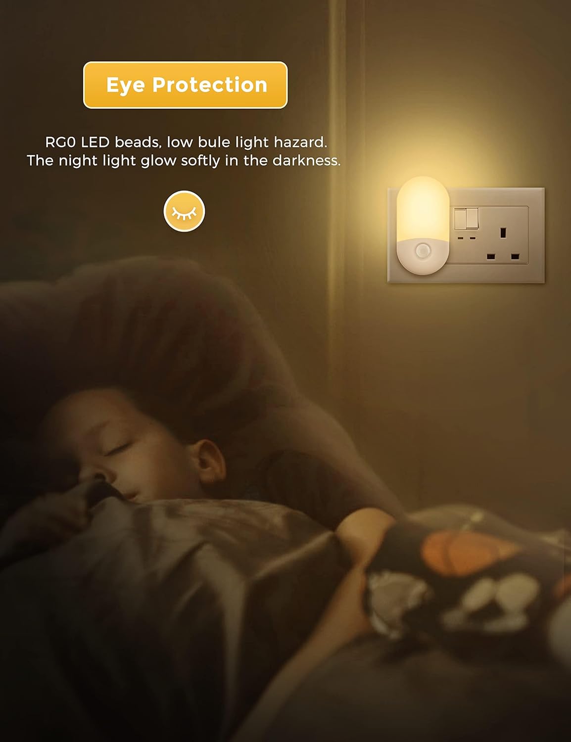Child sleeping in a dark room with a night light on the wall, highlighting eye protection feature.