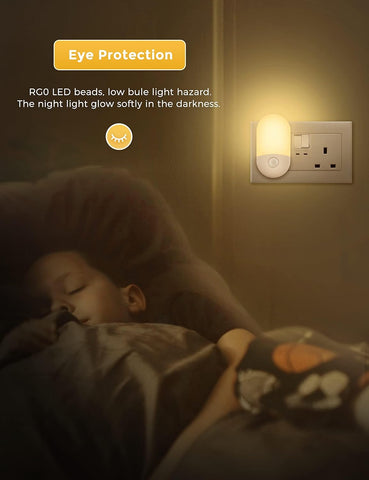 Child sleeping in a dark room with a night light on the wall, highlighting eye protection feature.