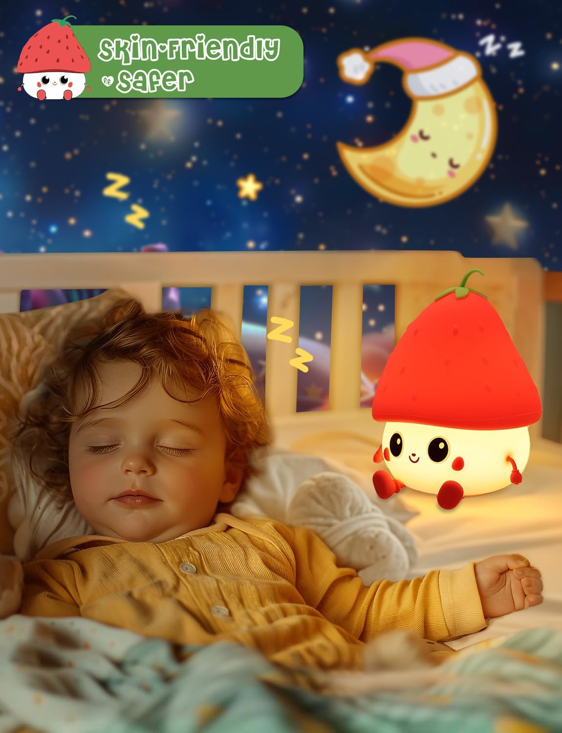 Child sleeping in bed with a cute mushroom-shaped night light on a night sky background