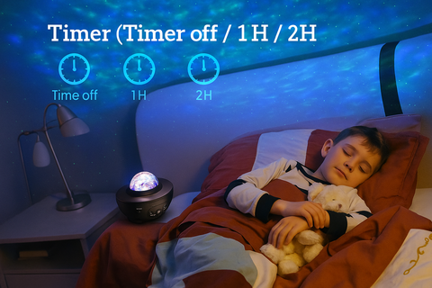 Child sleeping in bed with a night light and timer display above.