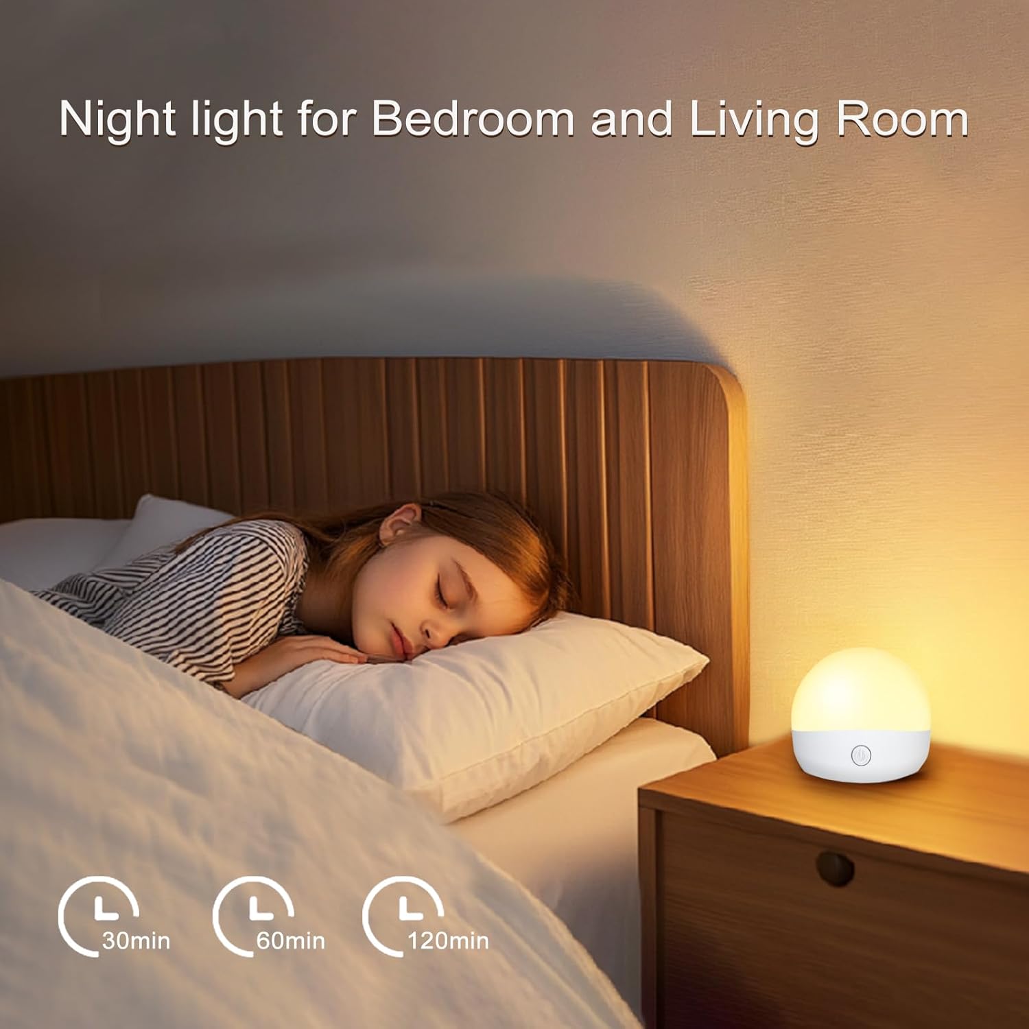 Child sleeping in bed with a night light on a bedside table, labeled 'Night light for Bedroom and Living Room'.