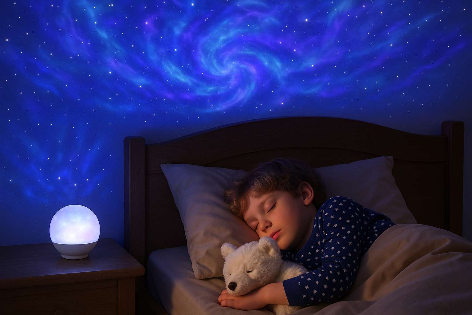 Child sleeping in bed with a starry night light and teddy bear, under a blue starry sky projection.