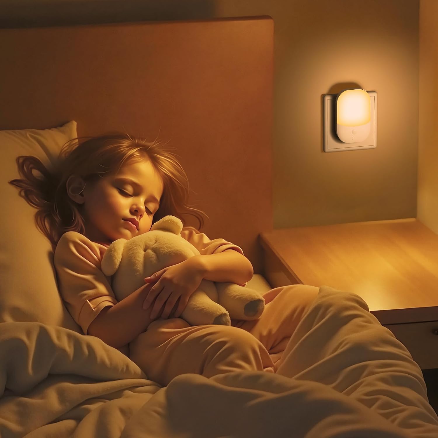 Child sleeping in bed with a teddy bear in a softly lit room