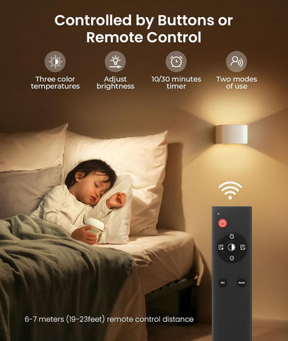 Child sleeping in bed with a wall-mounted light and remote control, highlighting features like button control and remote control.