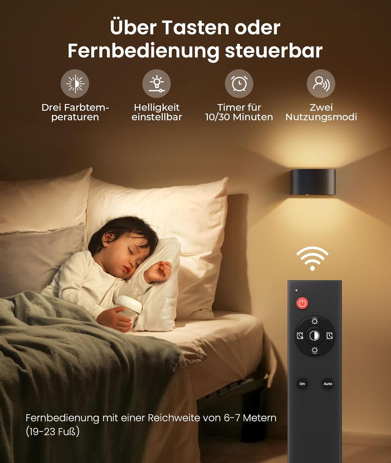 Child sleeping in bed with a wall-mounted light and remote control on a beige background