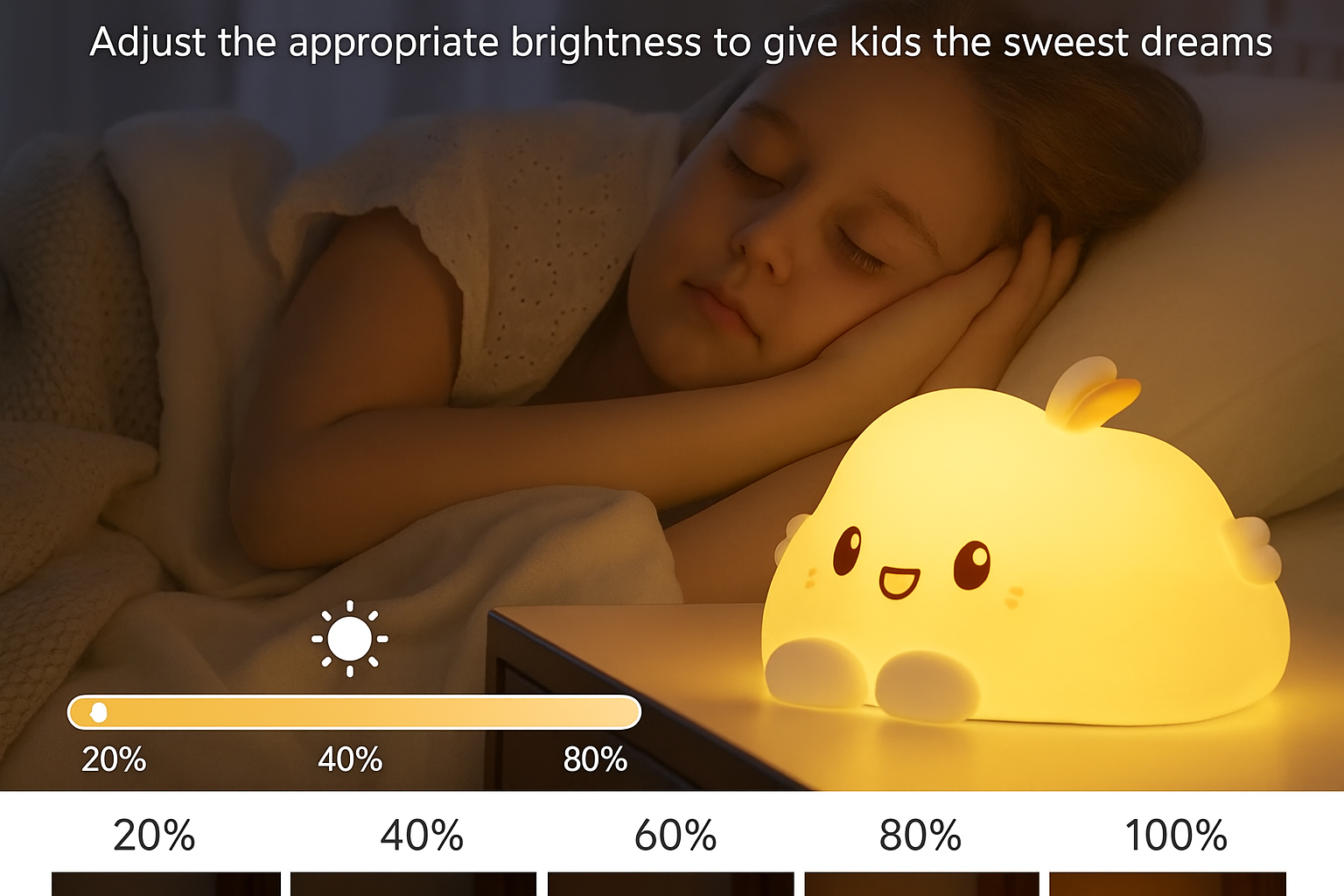 Child sleeping with a cute night light on a bed, brightness adjustment slider at the bottom.