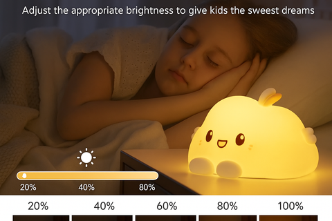 Child sleeping with a cute night light on a bed, brightness adjustment slider at the bottom.