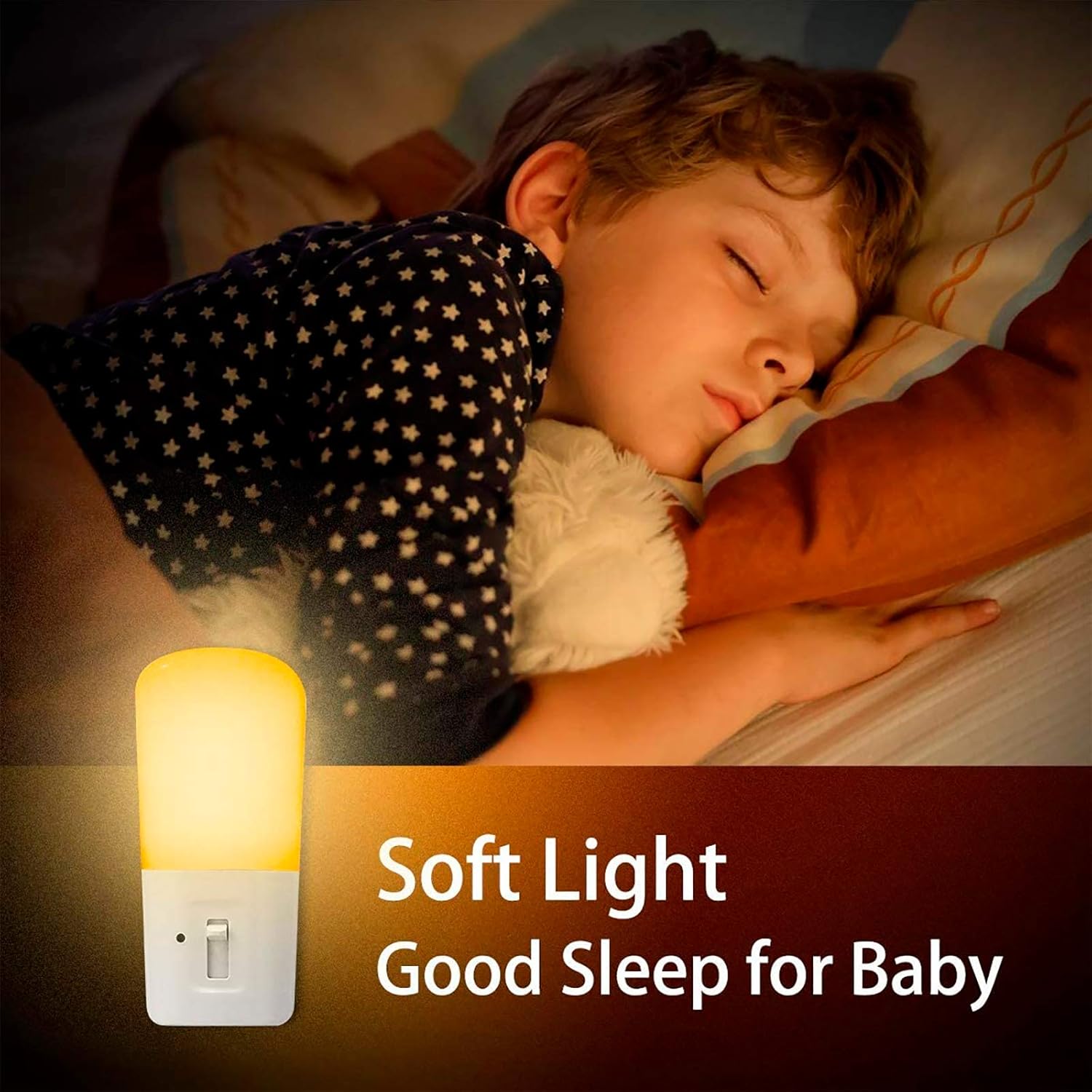 Child sleeping with a night light labeled 'Soft Light Good Sleep for Baby'.