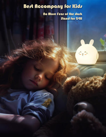 Child sleeping with a teddy bear and a night light, with text about the night light's benefits.