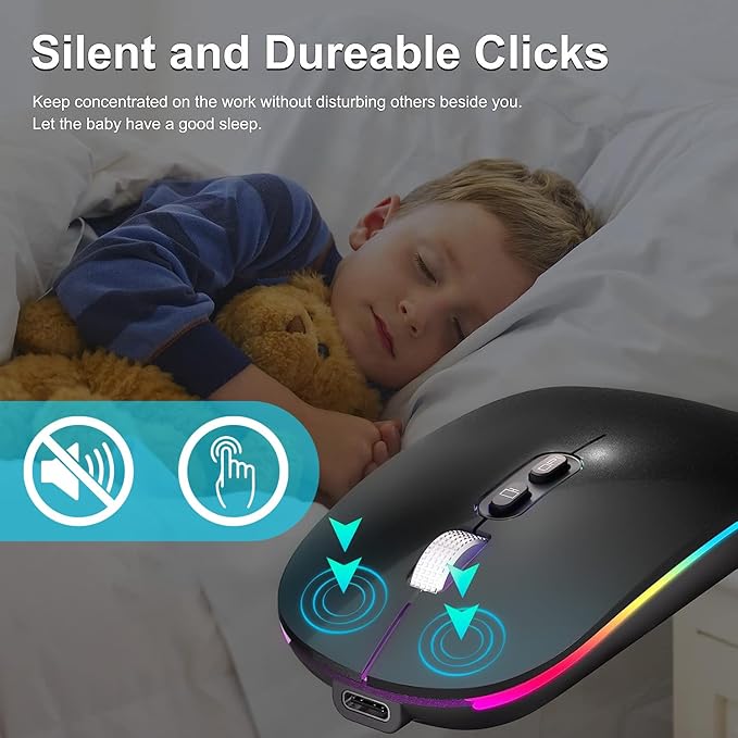 Child sleeping with a teddy bear and a wireless mouse with colorful lights on a dark background.
