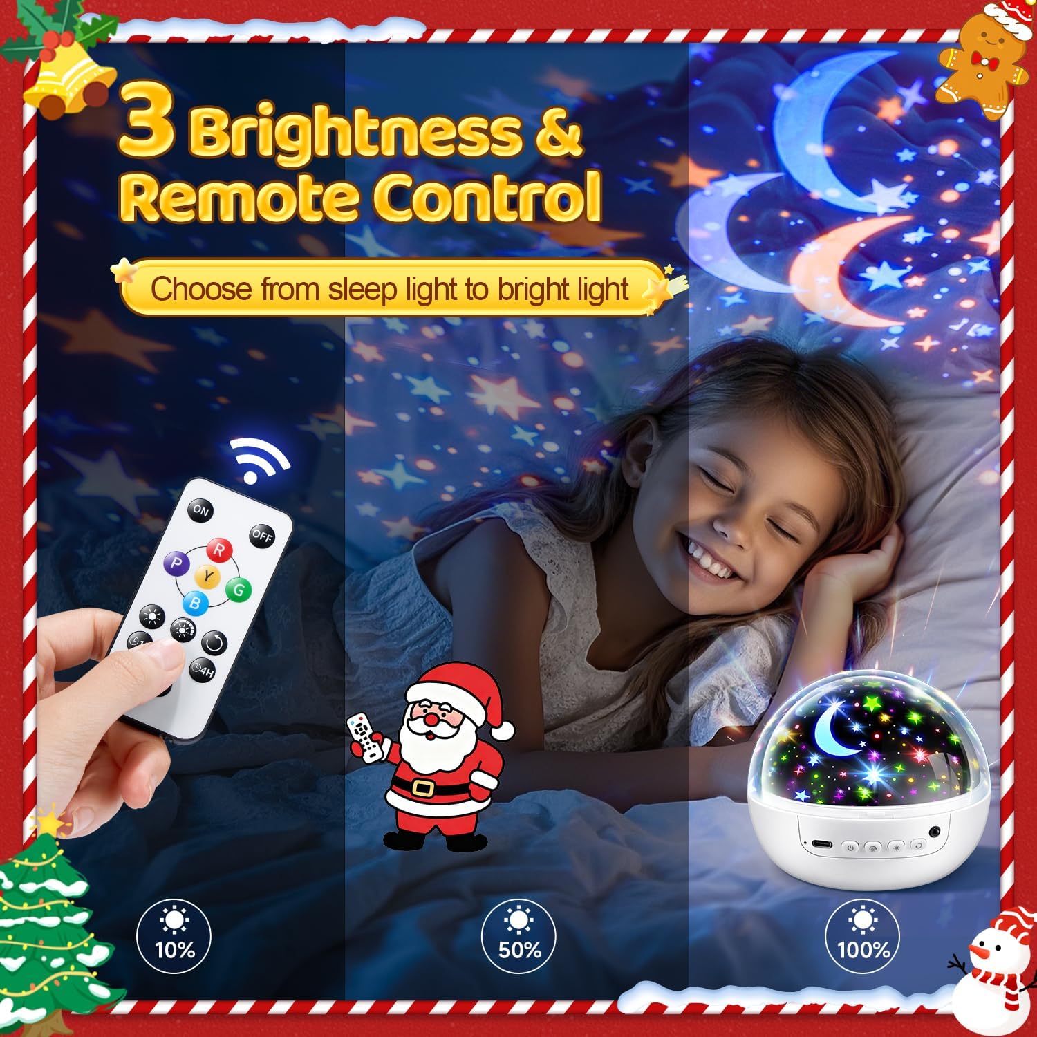 Child using a night light with remote control, surrounded by festive decorations.