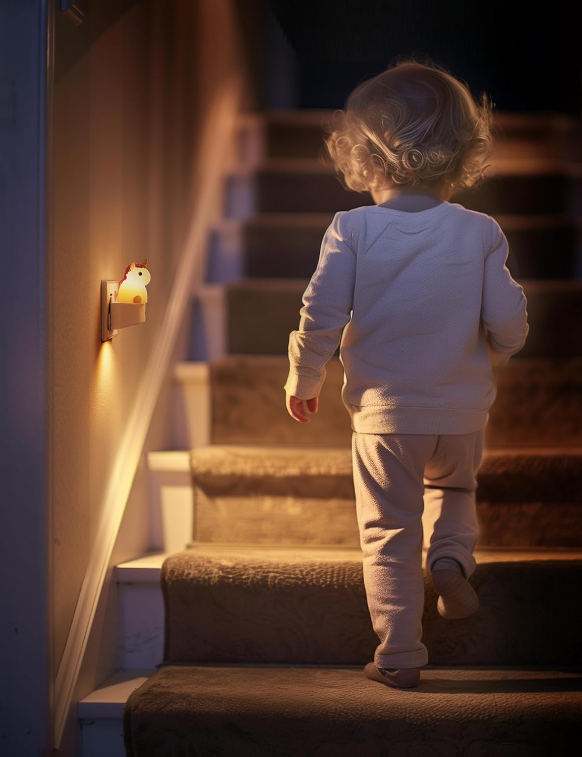 Child walking up a set of stairs in a dimly lit room