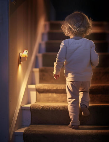 Child walking up a set of stairs in a dimly lit room
