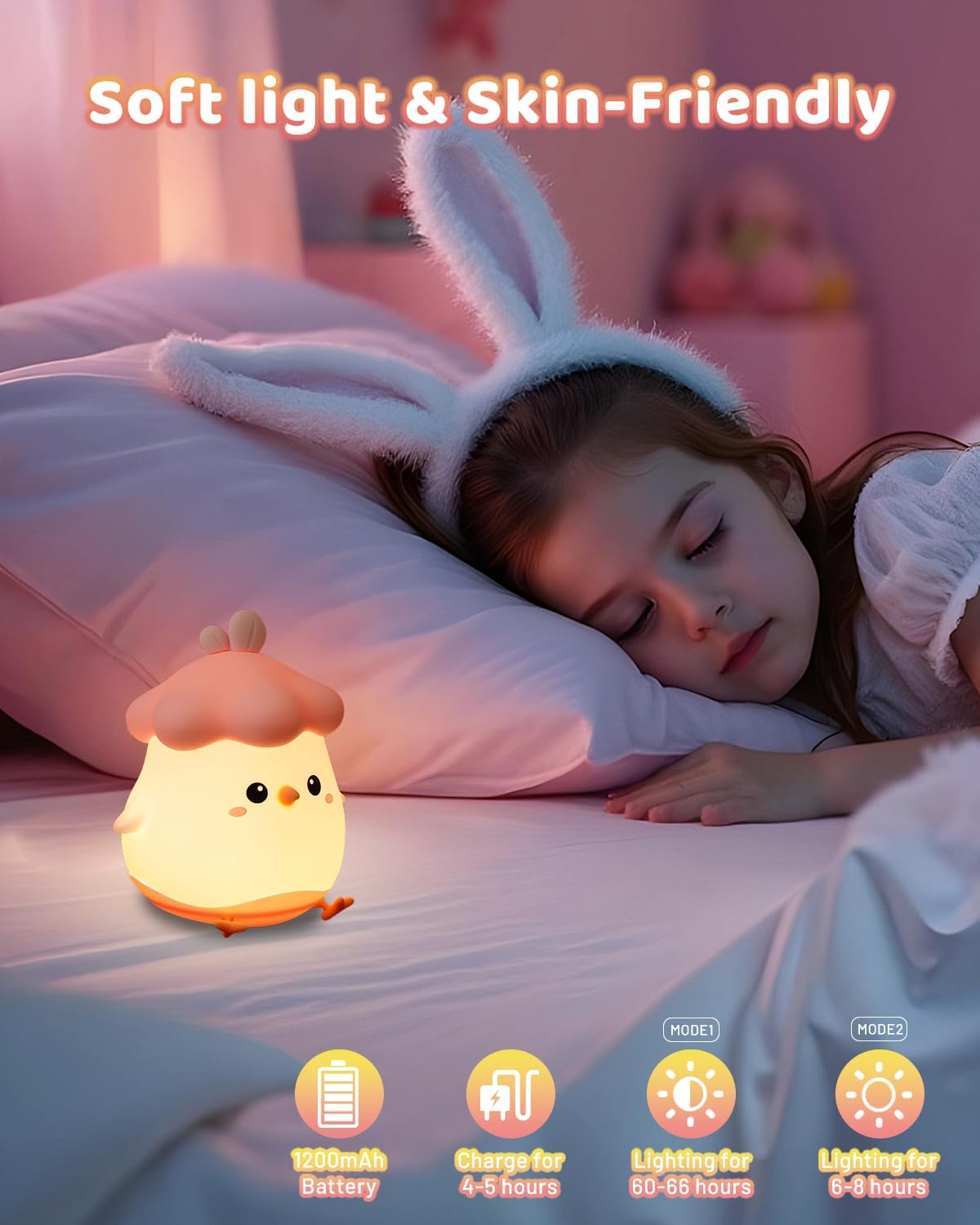 Child wearing bunny ears lying in bed with a soft light device, surrounded by a cozy bedroom setting.