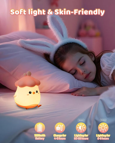 Child wearing bunny ears lying in bed with a soft light device, surrounded by a cozy bedroom setting.