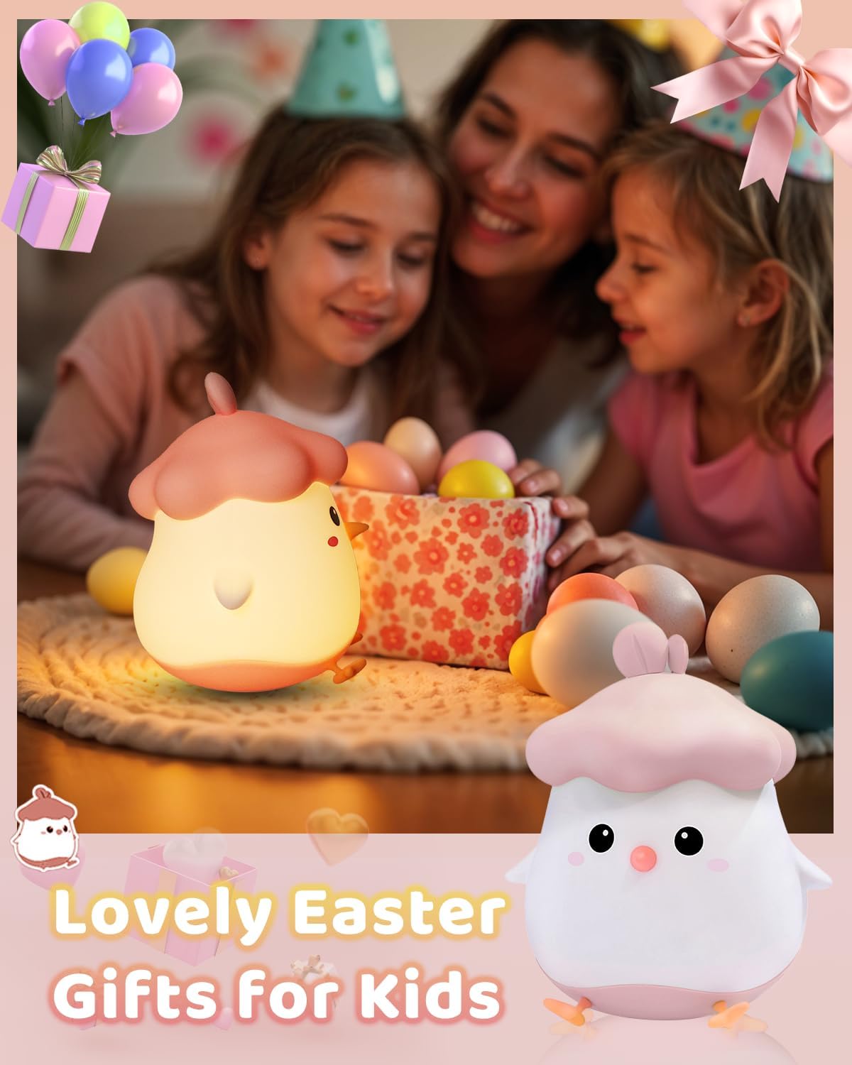 Children and a woman with Easter eggs and a glowing chick-shaped toy.