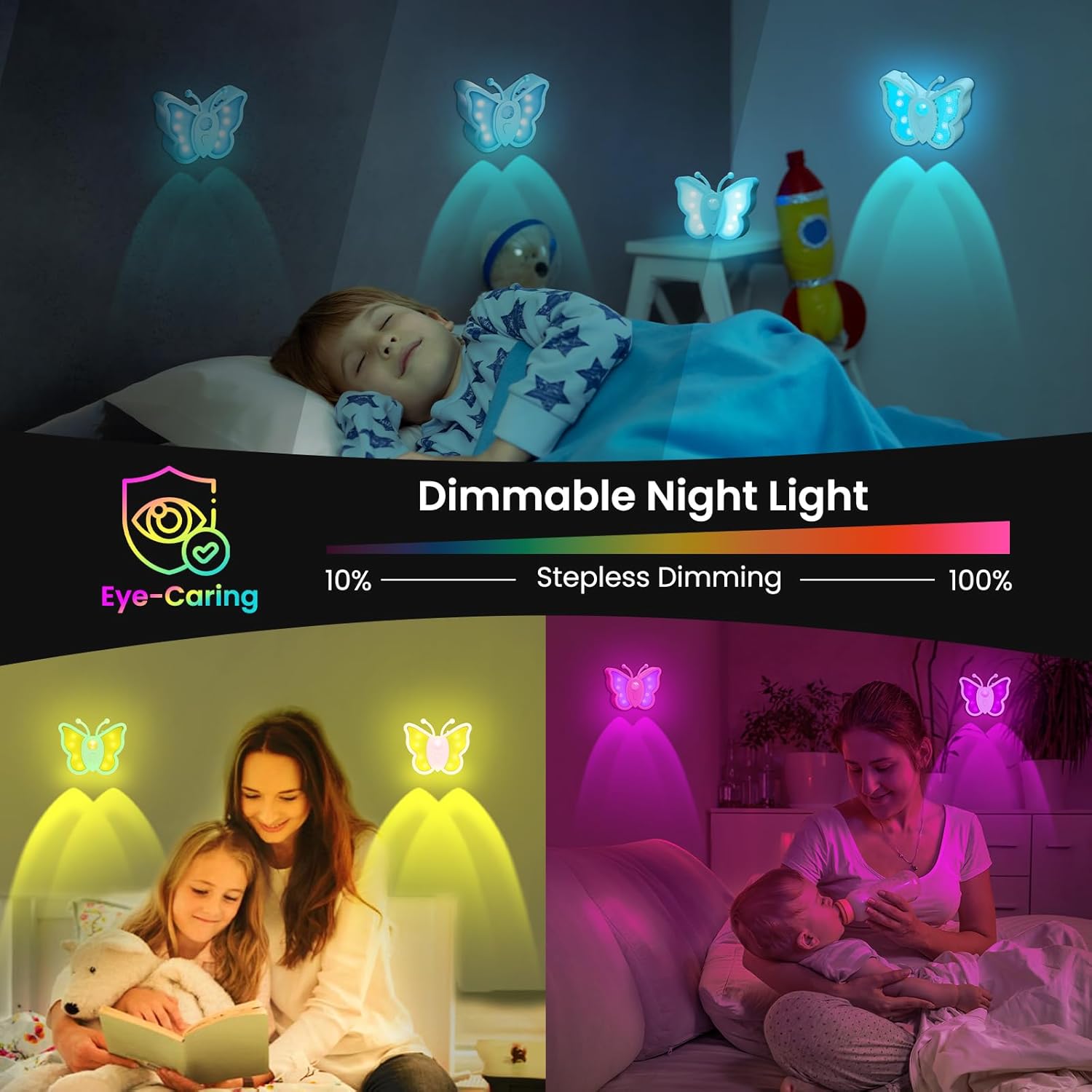 Children and adults using a dimmable night light with butterfly designs in various settings.