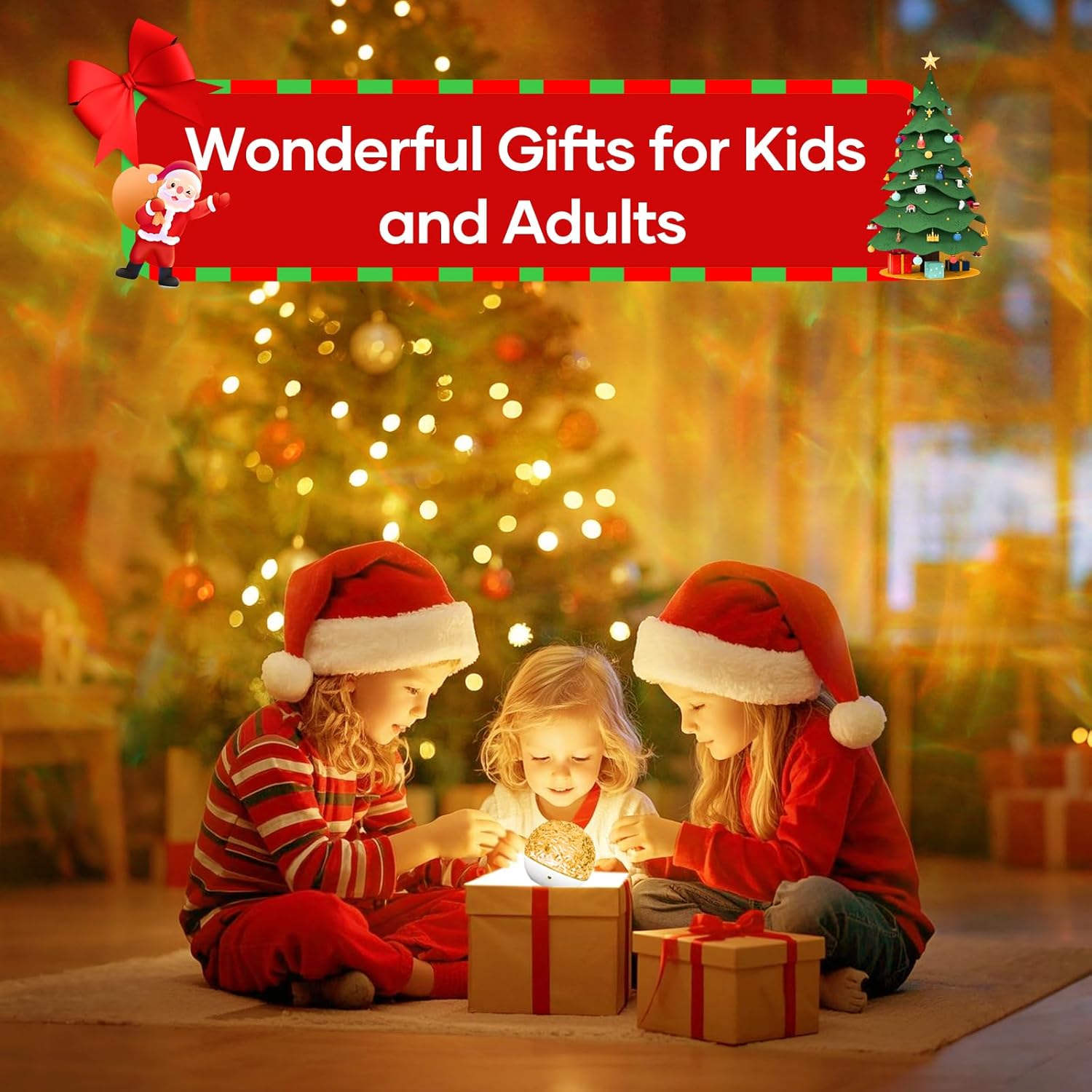 Children in Santa hats opening Christmas presents in front of a decorated tree with a red banner above them.