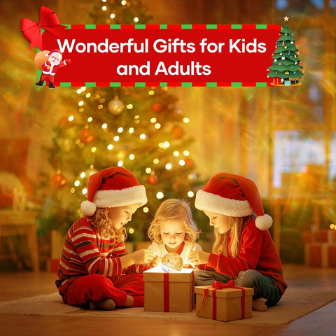 Children in Santa hats opening Christmas presents in front of a decorated tree with a red banner above them.