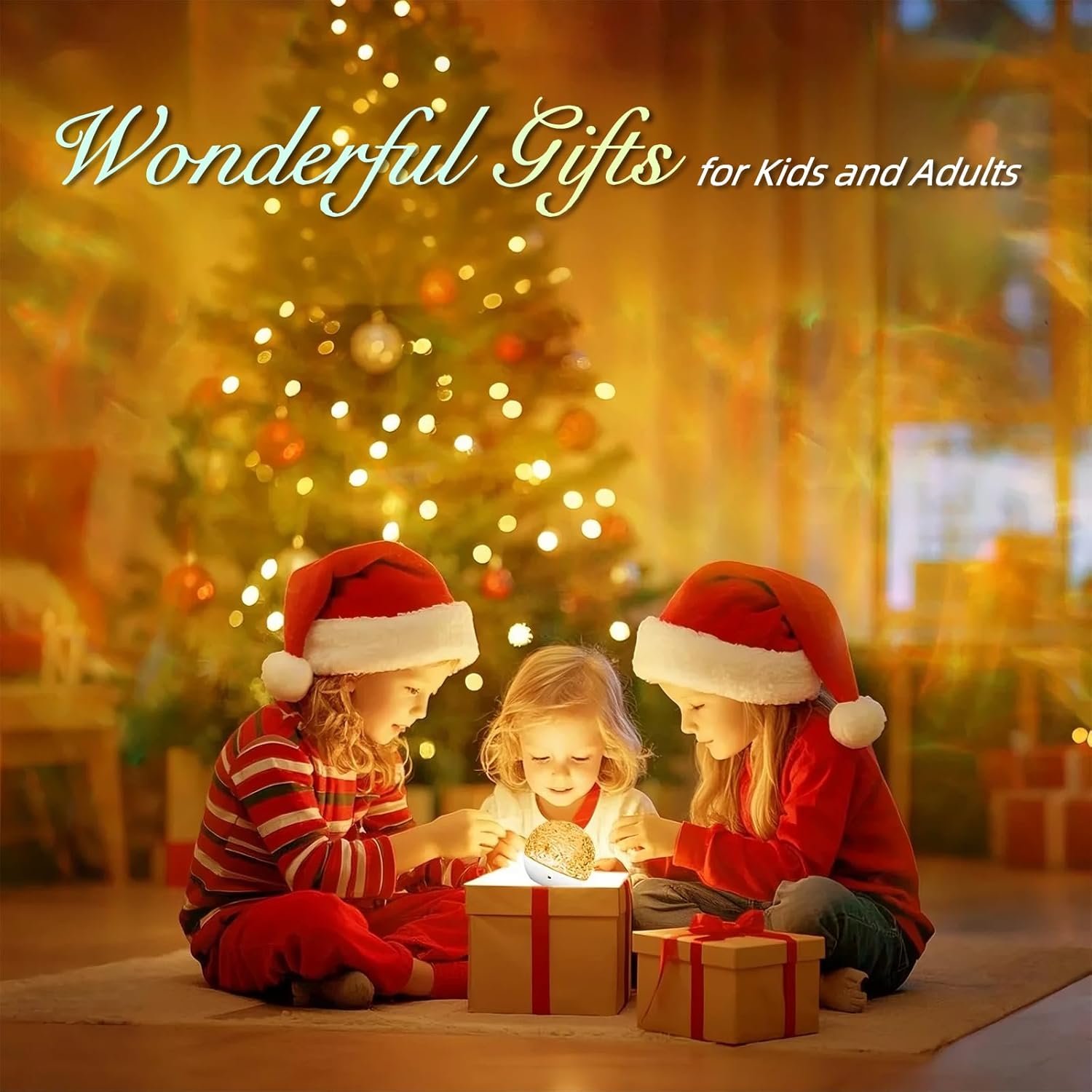 Children in Santa hats opening presents in front of a Christmas tree with the text 'Wonderful Gifts for Kids and Adults'.