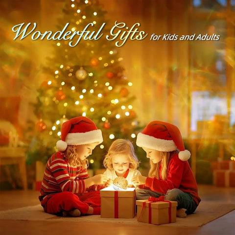 Children in Santa hats opening presents in front of a Christmas tree with the text 'Wonderful Gifts for Kids and Adults'.
