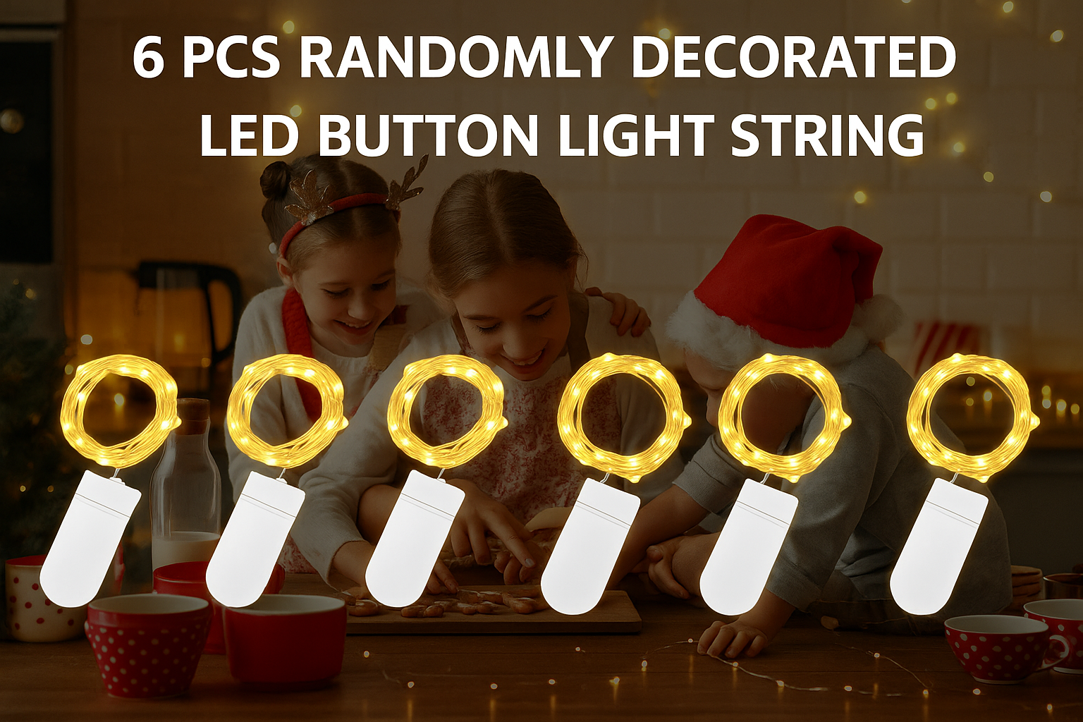 Children playing with LED button light string on a festive background