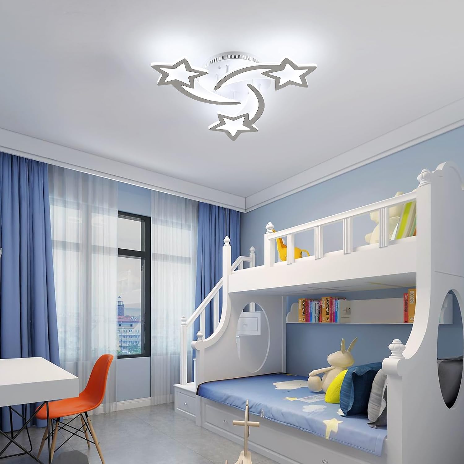 Children's bedroom with a bunk bed, desk, and decorative light fixture.