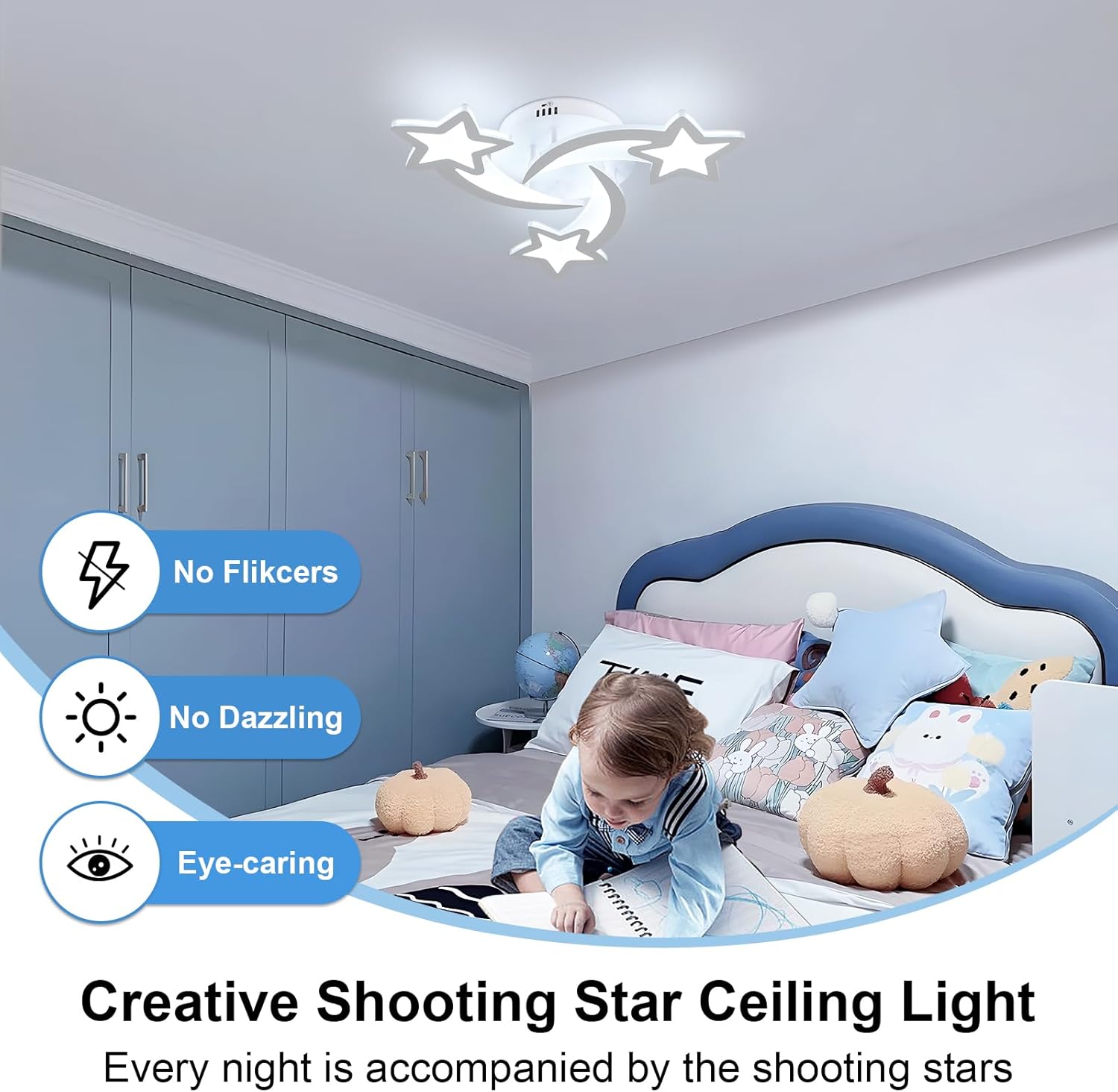 Children's bedroom with a ceiling light shaped like shooting stars, featuring text about the light's benefits.