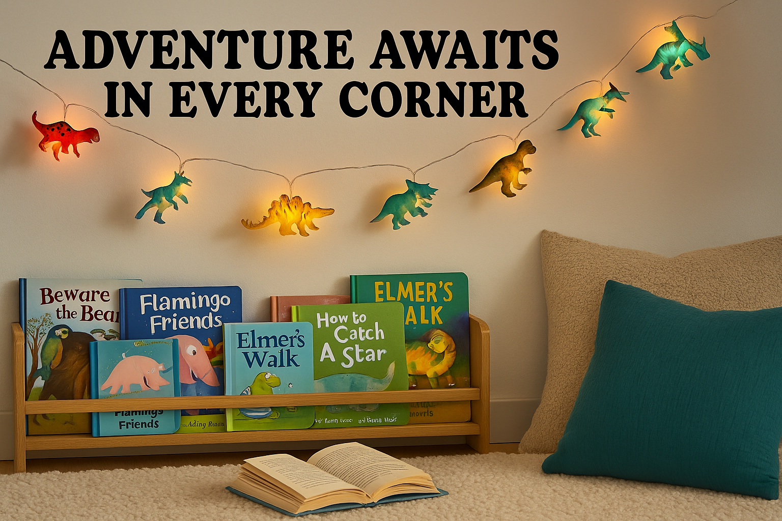 Children's books on a shelf with dinosaur-themed string lights and 'Adventure Awaits in Every Corner' text.