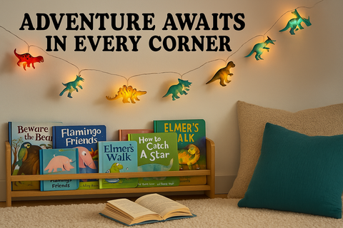 Children's books on a shelf with dinosaur-themed string lights and 'Adventure Awaits in Every Corner' text.
