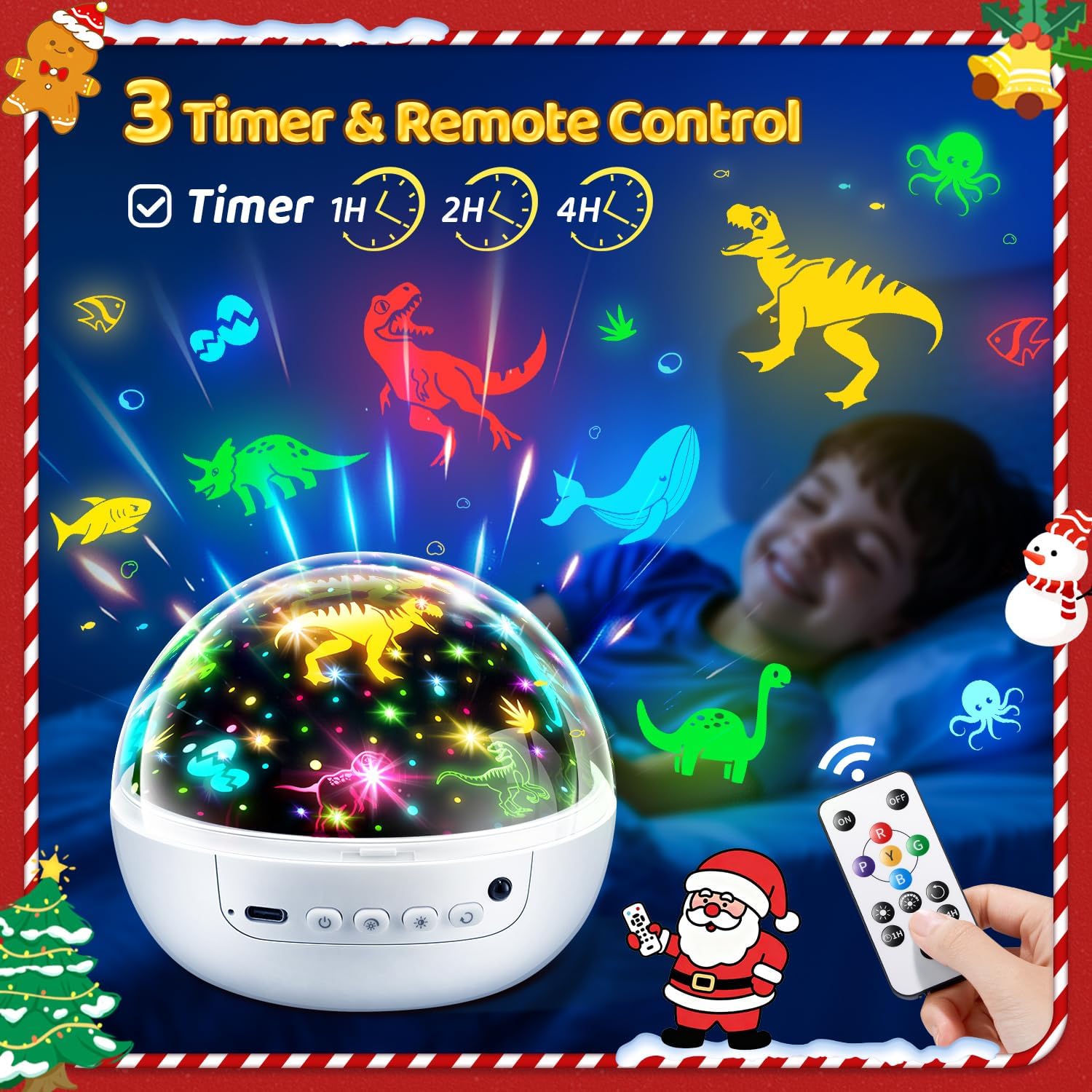 Children's night light projector with dinosaur designs, timer, and remote control on a blue background.