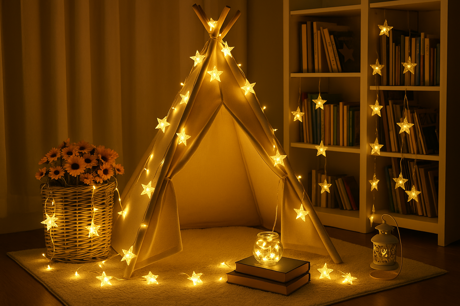 Children's play tent with star-shaped lights in a room with books and flowers.