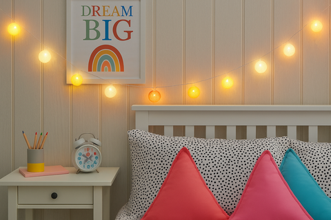 Children's room with 'Dream Big' poster, colorful pillows, and string lights.