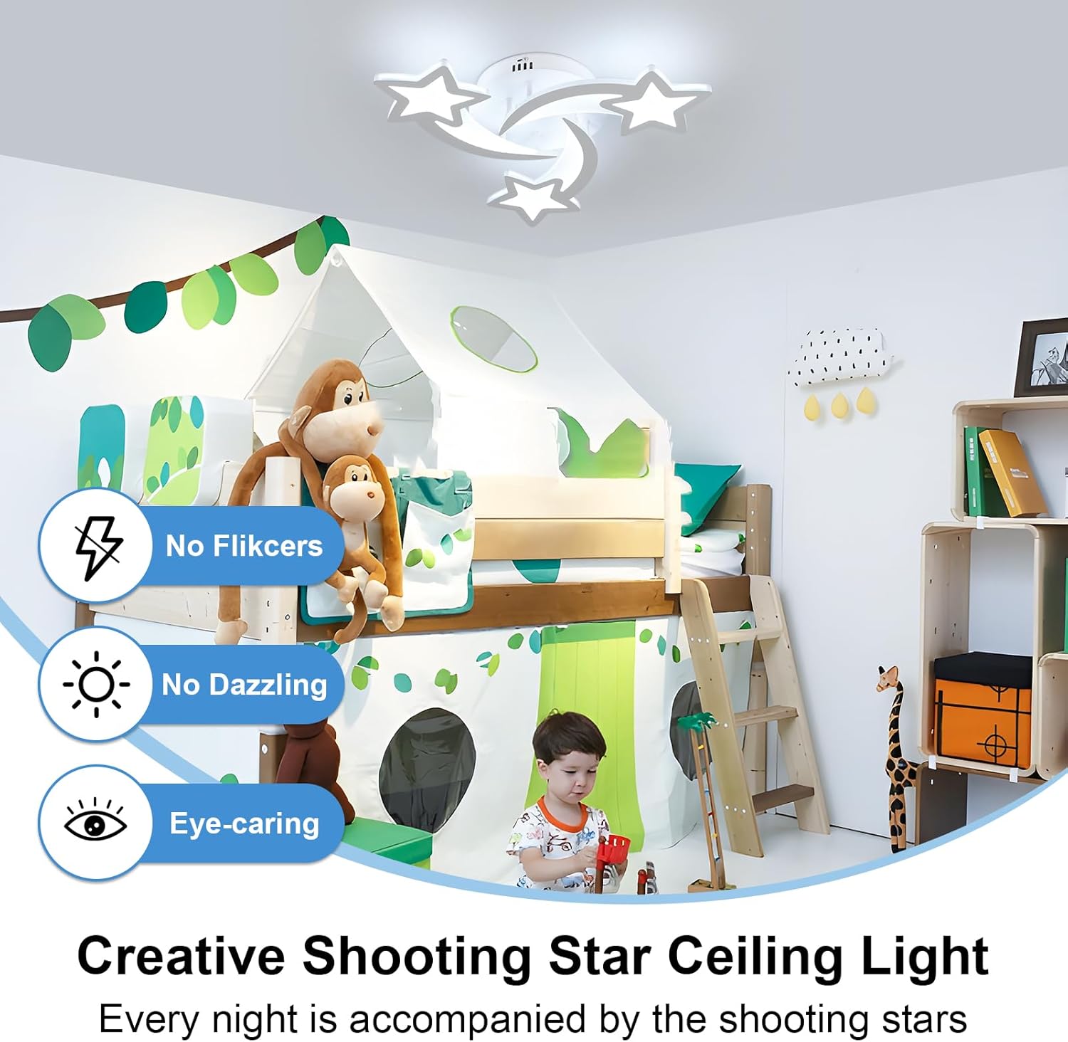 Children's room with a bunk bed and ceiling light labeled 'Creative Shooting Star Ceiling Light'.