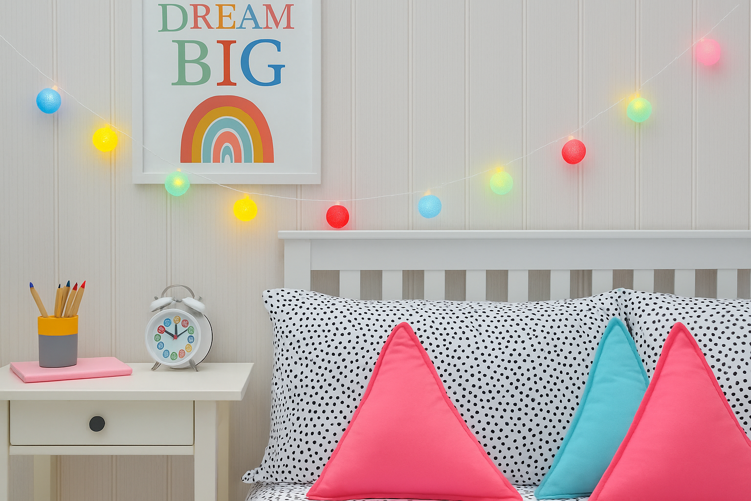 Children's room with colorful pillows, nightstand, and wall art.