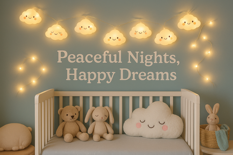 Children's room with crib, teddy bears, and cloud-shaped pillow with 'Peaceful Nights, Happy Dreams' text.