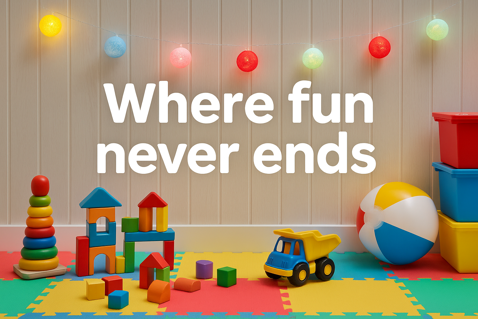Children's toys on a colorful mat with 'Where fun never ends' text and string lights in the background.
