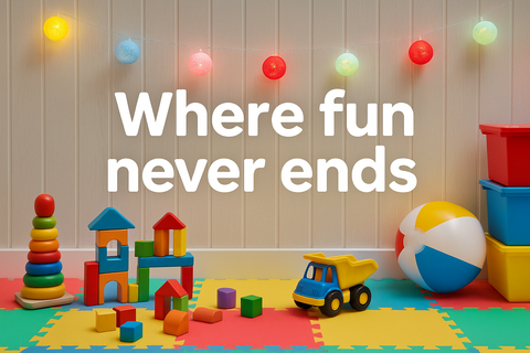 Children's toys on a colorful mat with 'Where fun never ends' text and string lights in the background.