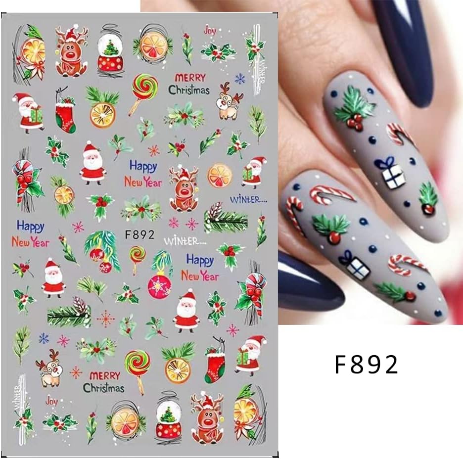 Christmas-themed nail art stickers with Santa Claus, reindeer, and candy on a gray background.
