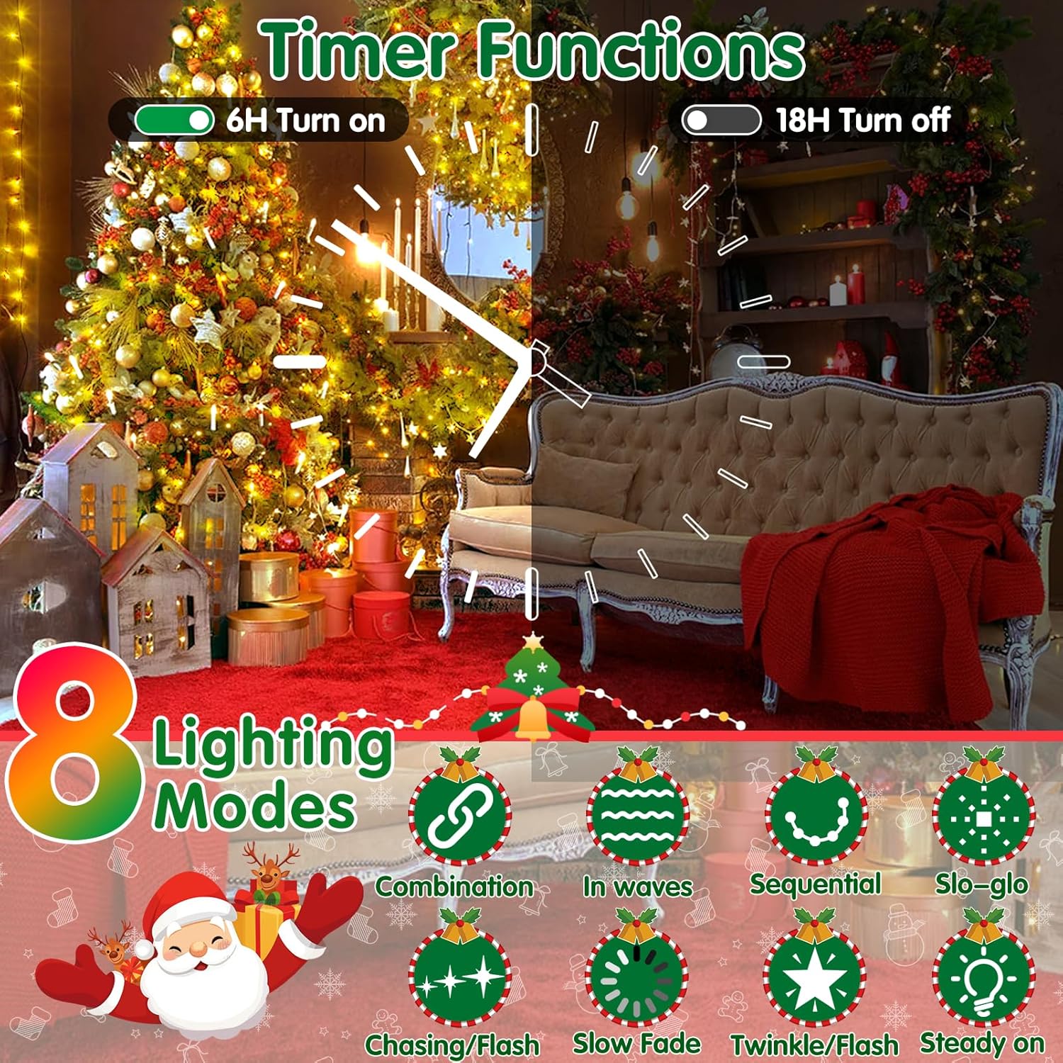 Christmas-themed room with decorated tree and sofa, featuring timer and lighting mode functions.