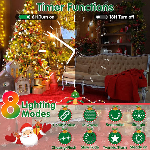 Christmas-themed room with decorated tree and sofa, featuring timer and lighting mode functions.