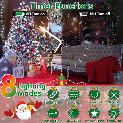 Christmas-themed timer functions and lighting modes display with a decorated living room background.
