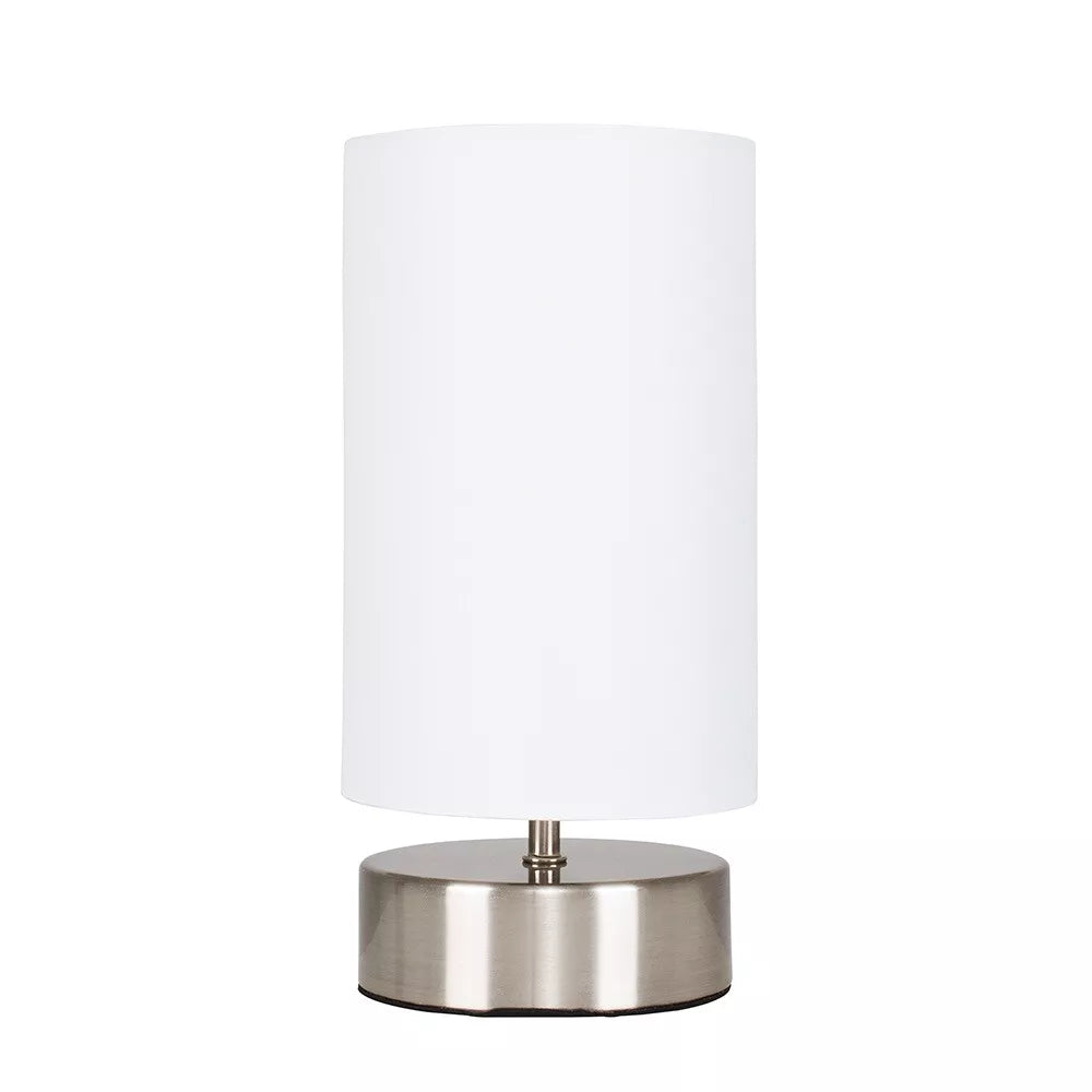 Touch-sensitive chrome lamp turned off on a nightstand – energy-efficient light UK.


