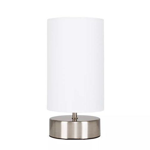 Touch-sensitive chrome lamp turned off on a nightstand – energy-efficient light UK.


